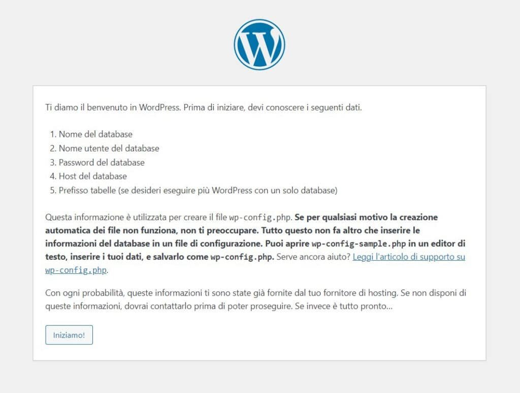 Avvio dell'installazione di WordPress